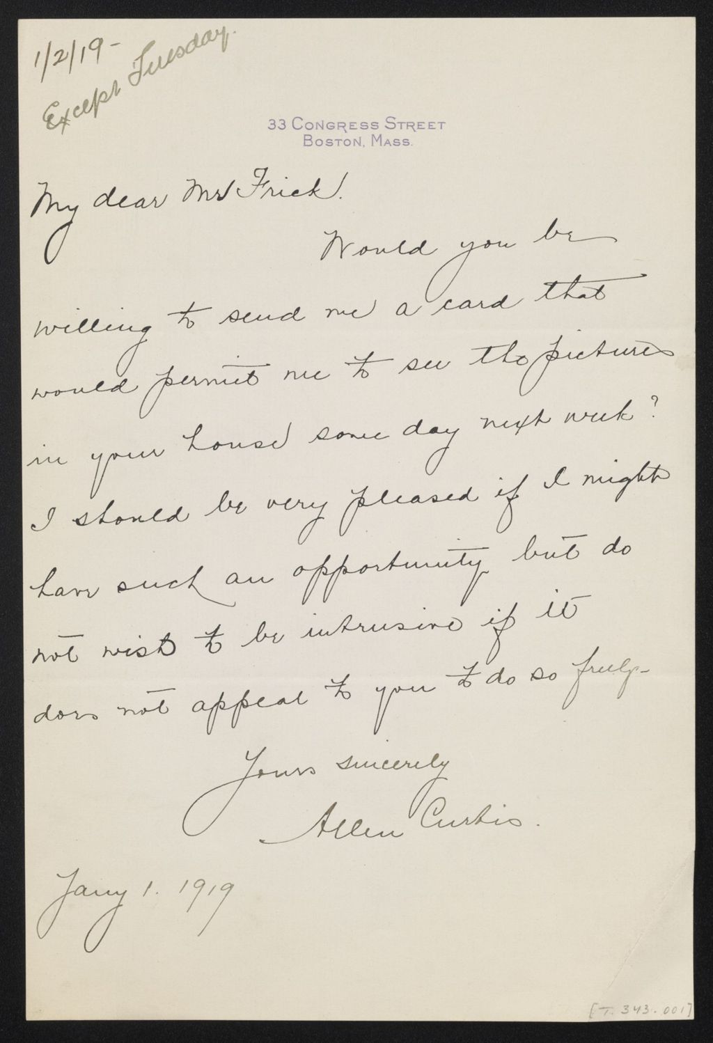 Miniature of Letter from Allen Curtis to [H.C.] Frick, 1 January 1919