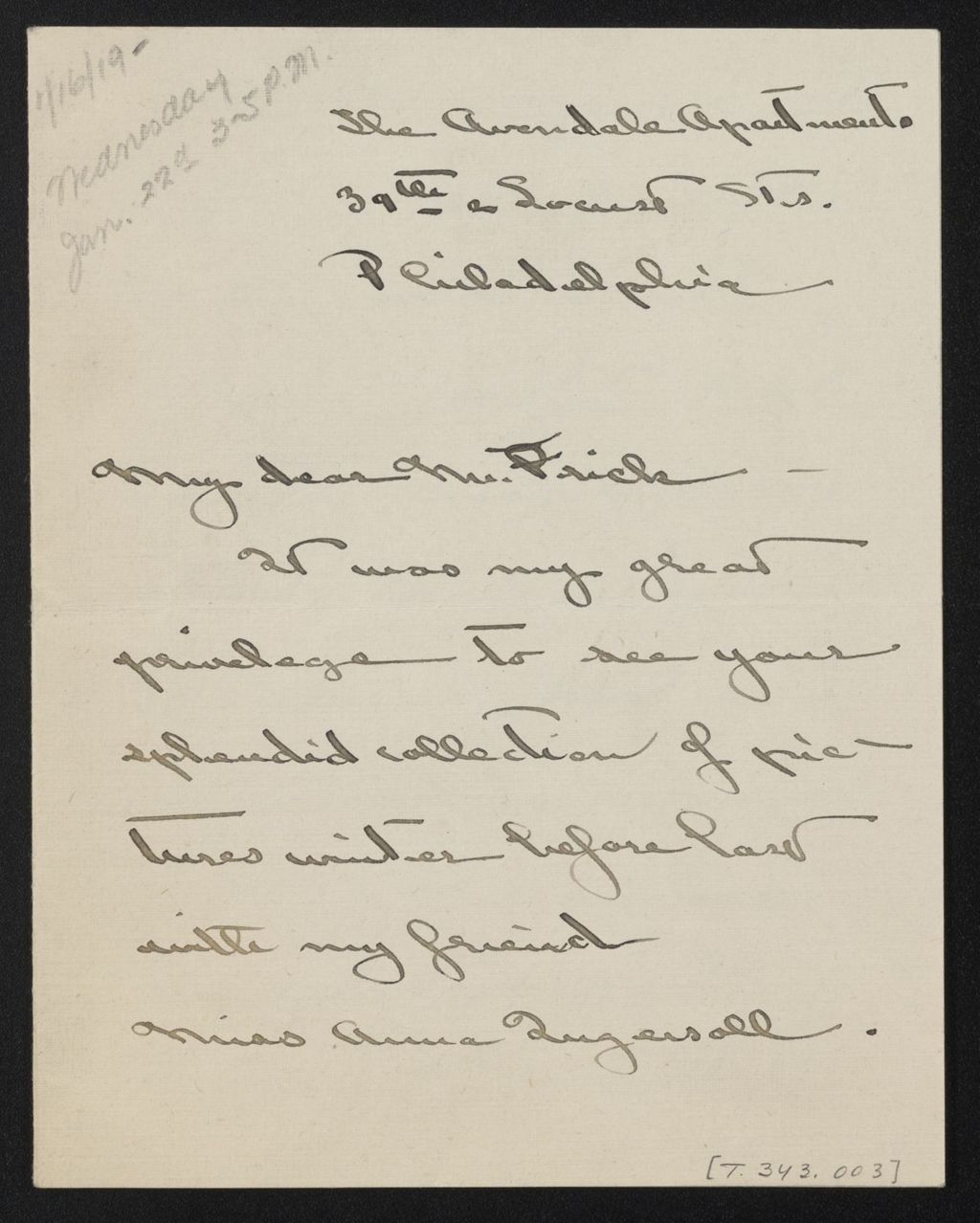 Miniature of Letter from Katharine M. Barker to [H.C.] Frick, 15 January 1919 [page 1 of 3]